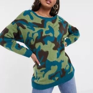 ASOS DESIGN brushed camo off shoulder oversized sweater Size 6